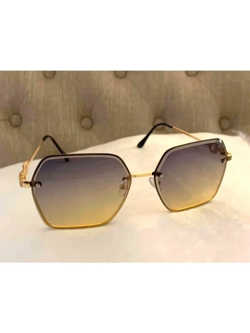 Oversized Unisex Square Grey to Yellow Gradient Sunglasses With Gold Frame